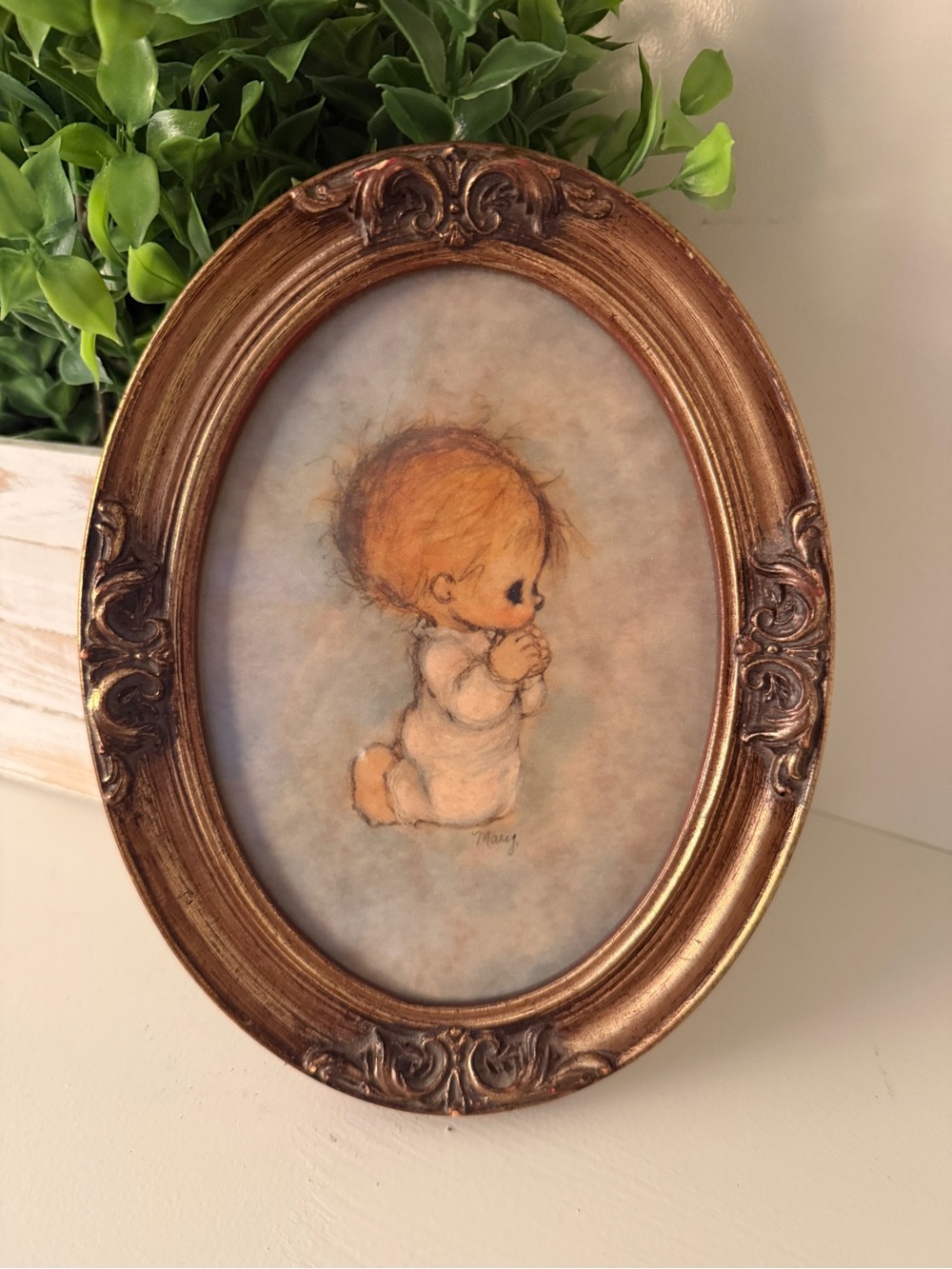 Praying Child Framed Print | Oval Ornate Gold Tone Frame | Religious Wall Decor
